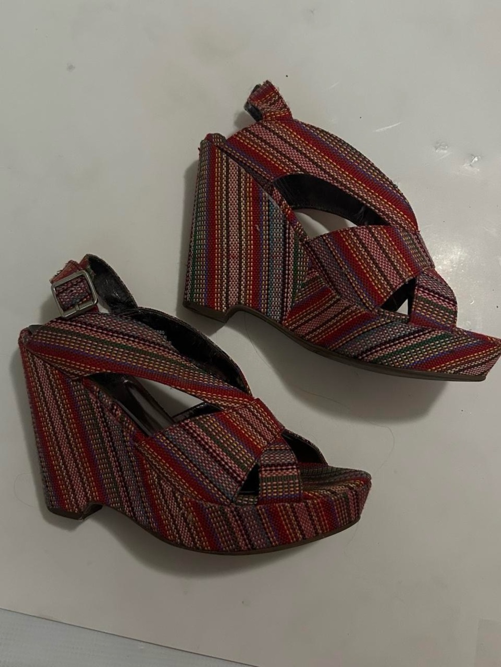 Crown Vintage Striped Multicolor Platform Wedge Sandals with Ankle Buckle